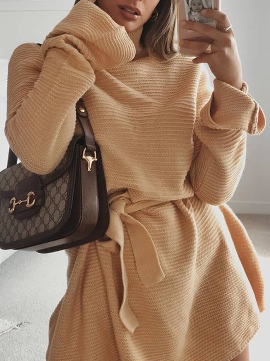 

Lovely Casual Turtleneck Loose Khaki Mini Dress