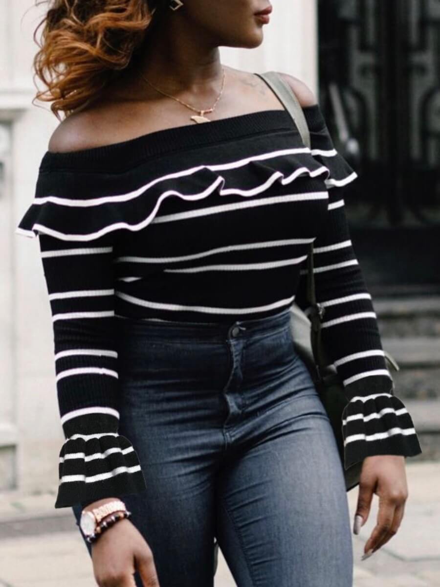 

Lovely Stylish Dew Shoulder Striped Black Sweater