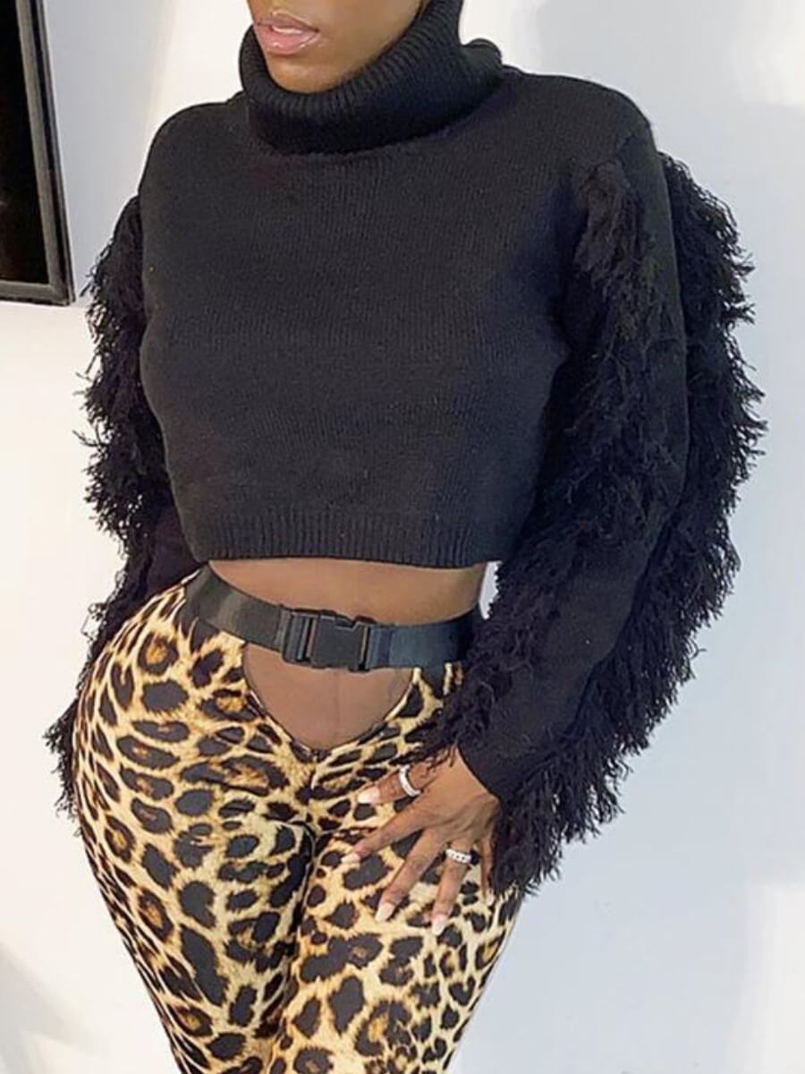 

Lovely Street Turtleneck Tassel Design Black Sweater