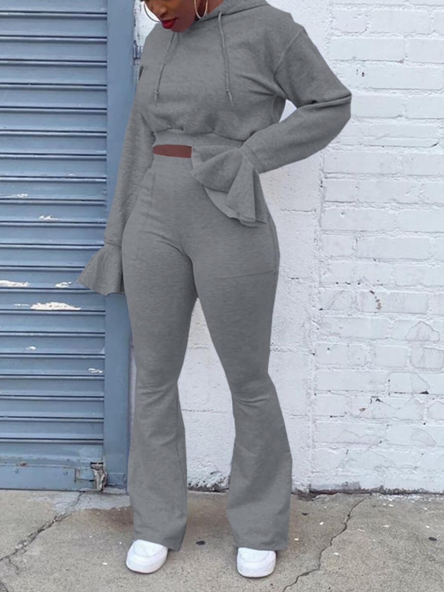 

Lovely Sweet Hooded Collar Horn Sleeves Grey Two Piece Pants Set