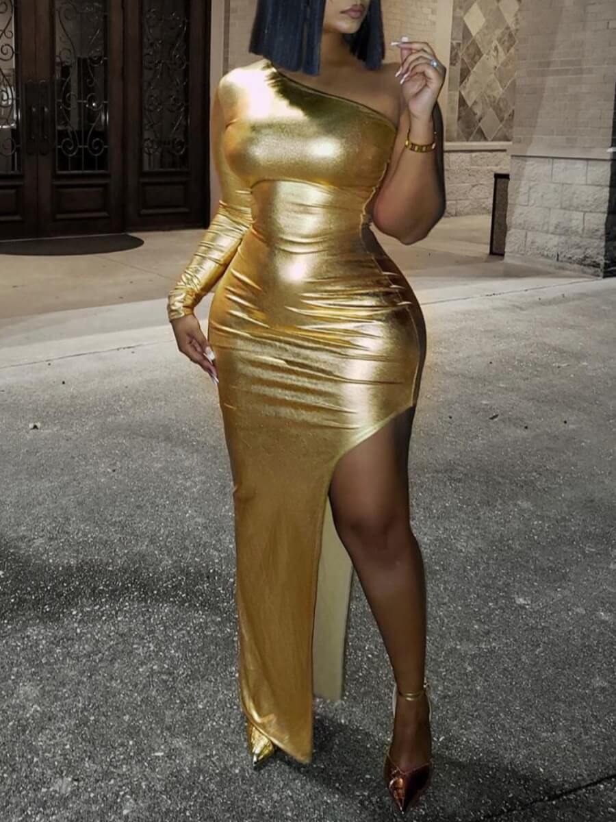 

LW SXY One Shoulder Side High Slit Gold Prom Dress
