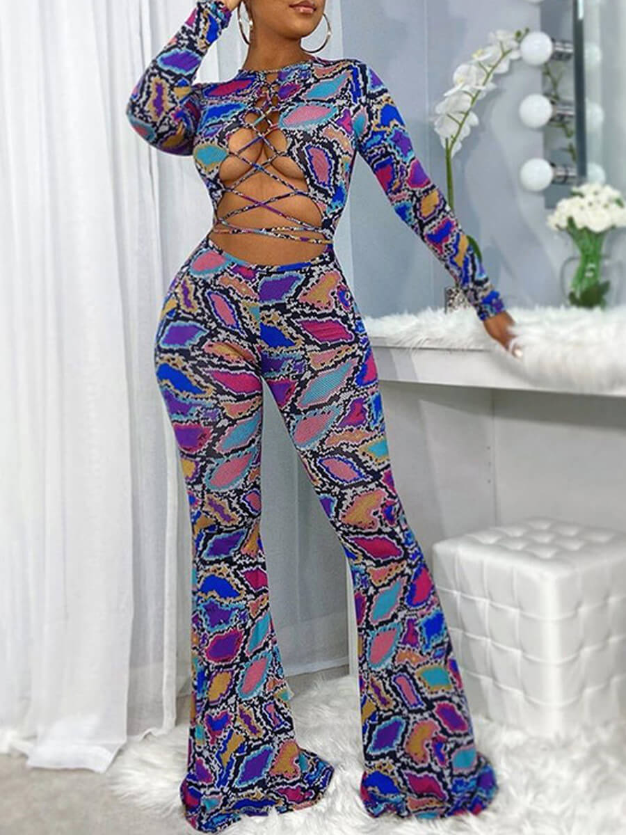 

Lovely Stylish Print Bandage Design Purple One-piece Jumpsuit
