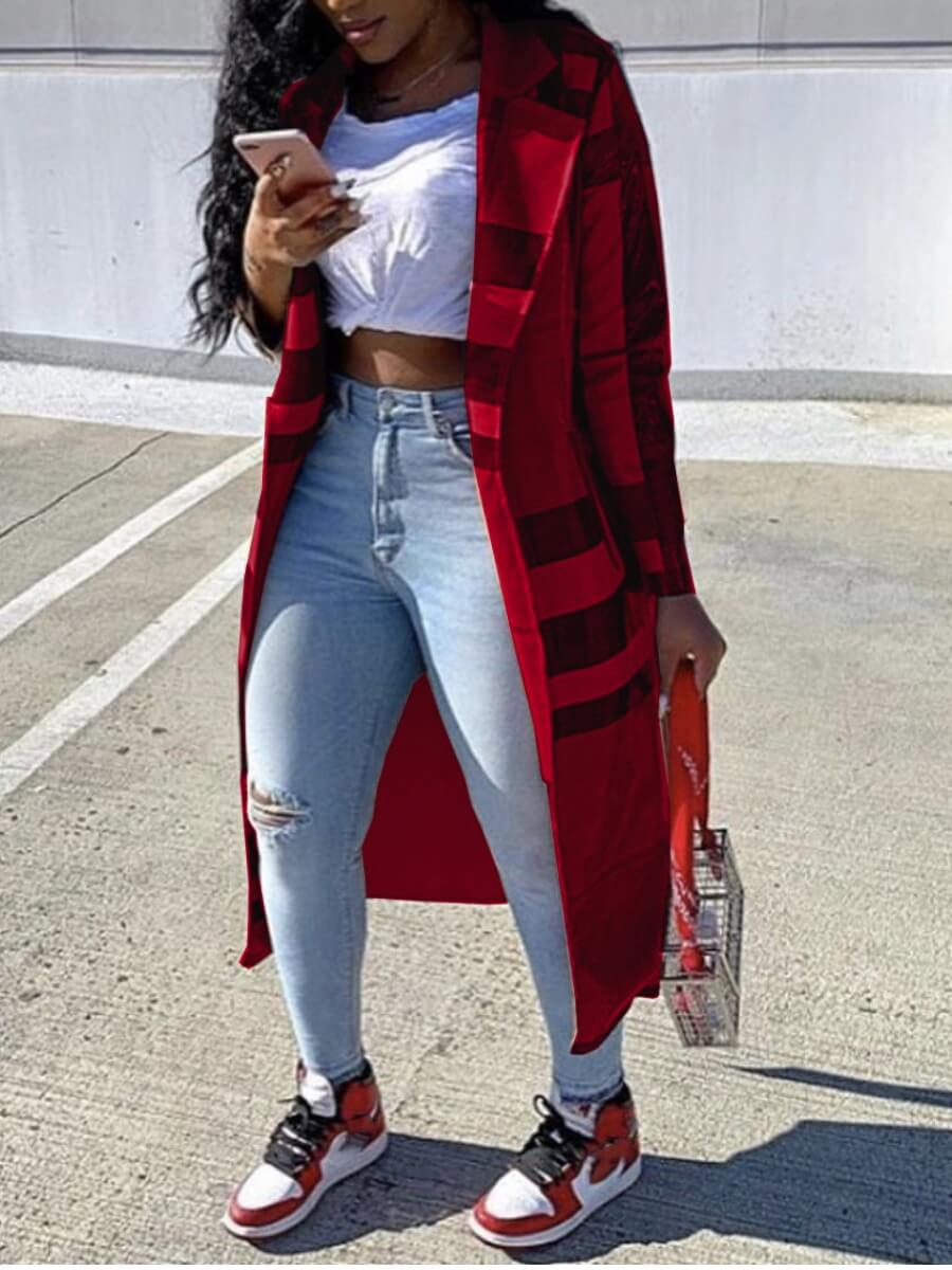 

Lovely Trendy Turndown Collar Print Red Trench Coat