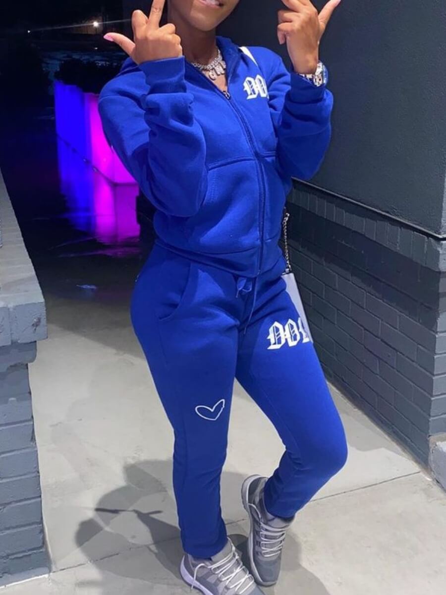 

Lovely Casual Hooded Collar Print Zipper Design Blue Plus Size Two-piece Pants Set