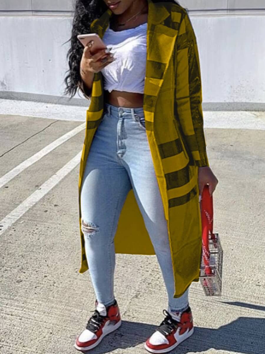 

Lovely Trendy Turndown Collar Print Yellow Trench Coat
