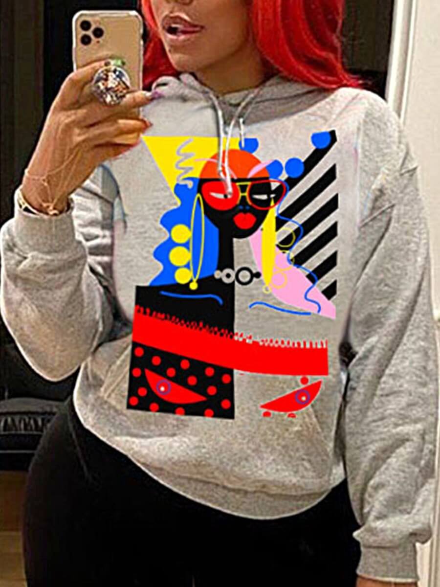 

Lovely Casual Hooded Collar Print Dark Grey Hoodie