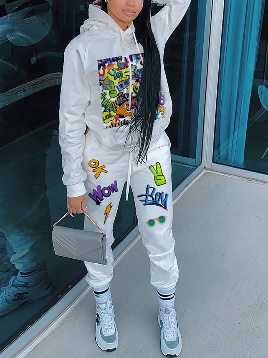

lovely Casual Hooded Collar Print White Two Piece Pants Set
