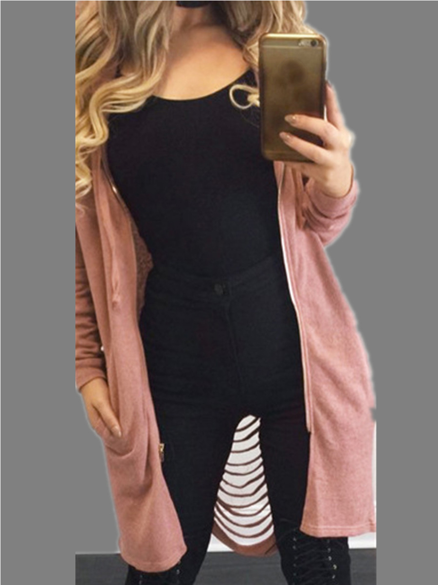 

lovely Leisure Hooded Collar Broken Holes Pink Coat