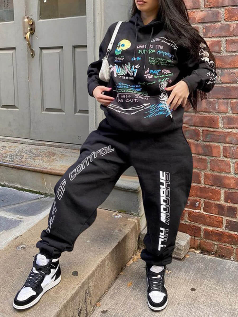 

Lovely Street Hooded Collar Letter Print Black Plus Size Two-piece Pants Set