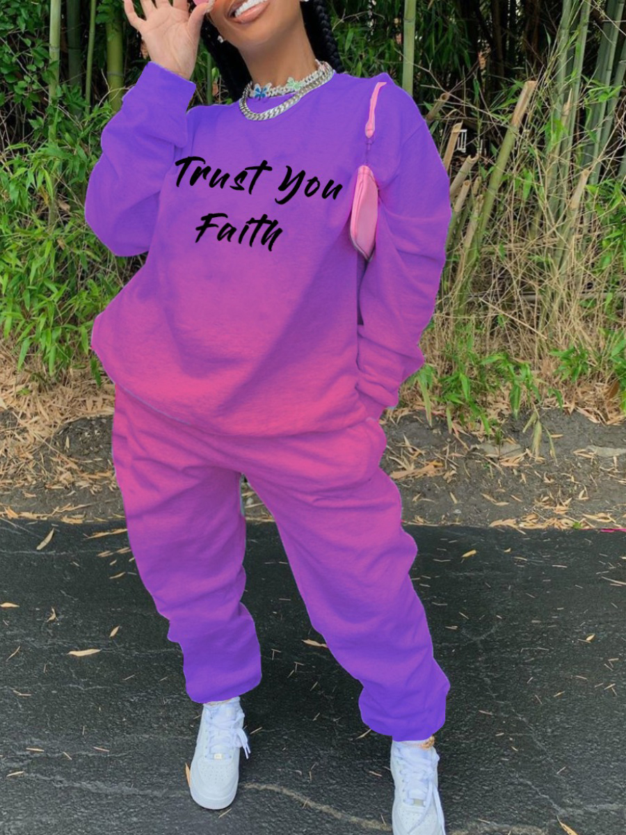 

lovely Street O Neck Letter Print Purple Plus Size Two-piece Pants Set