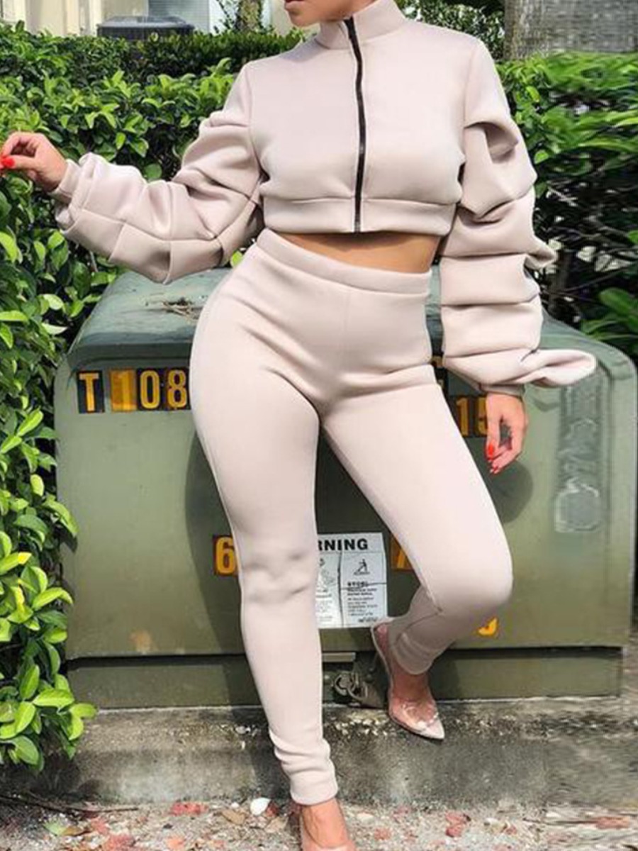 

Lovely Sportswear Zipper Design Khaki Plus Size Two-piece Pants Set