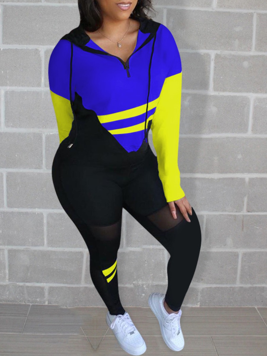 

lovely Sportswear Hooded Collar Patchwork Blue Plus Size Two-piece Pants Set