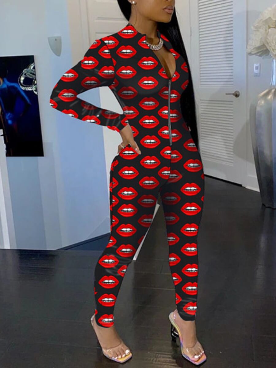

Lovely Casual Lip Print Skinny Red Loungewear