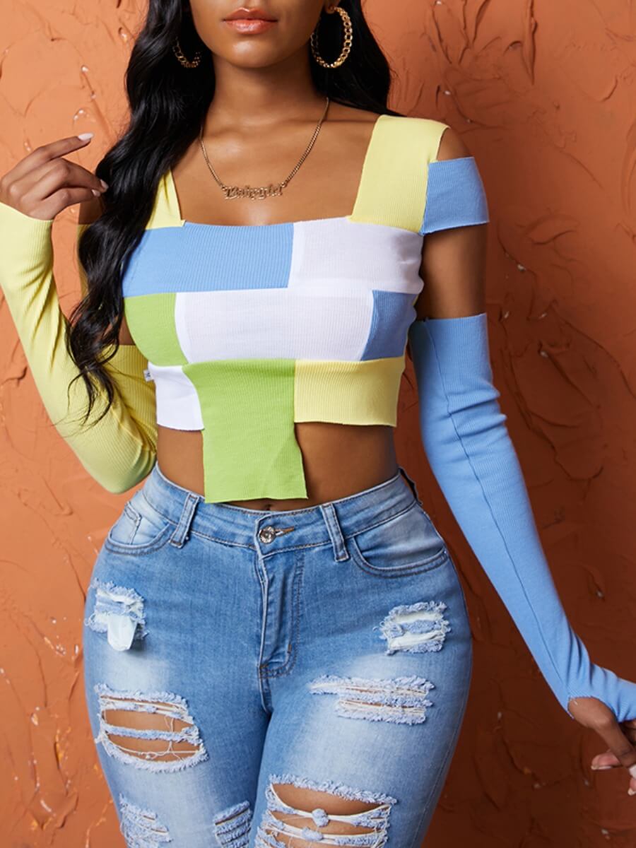 

Lovely Street Color-lump Patchwork Yellow T-shirt