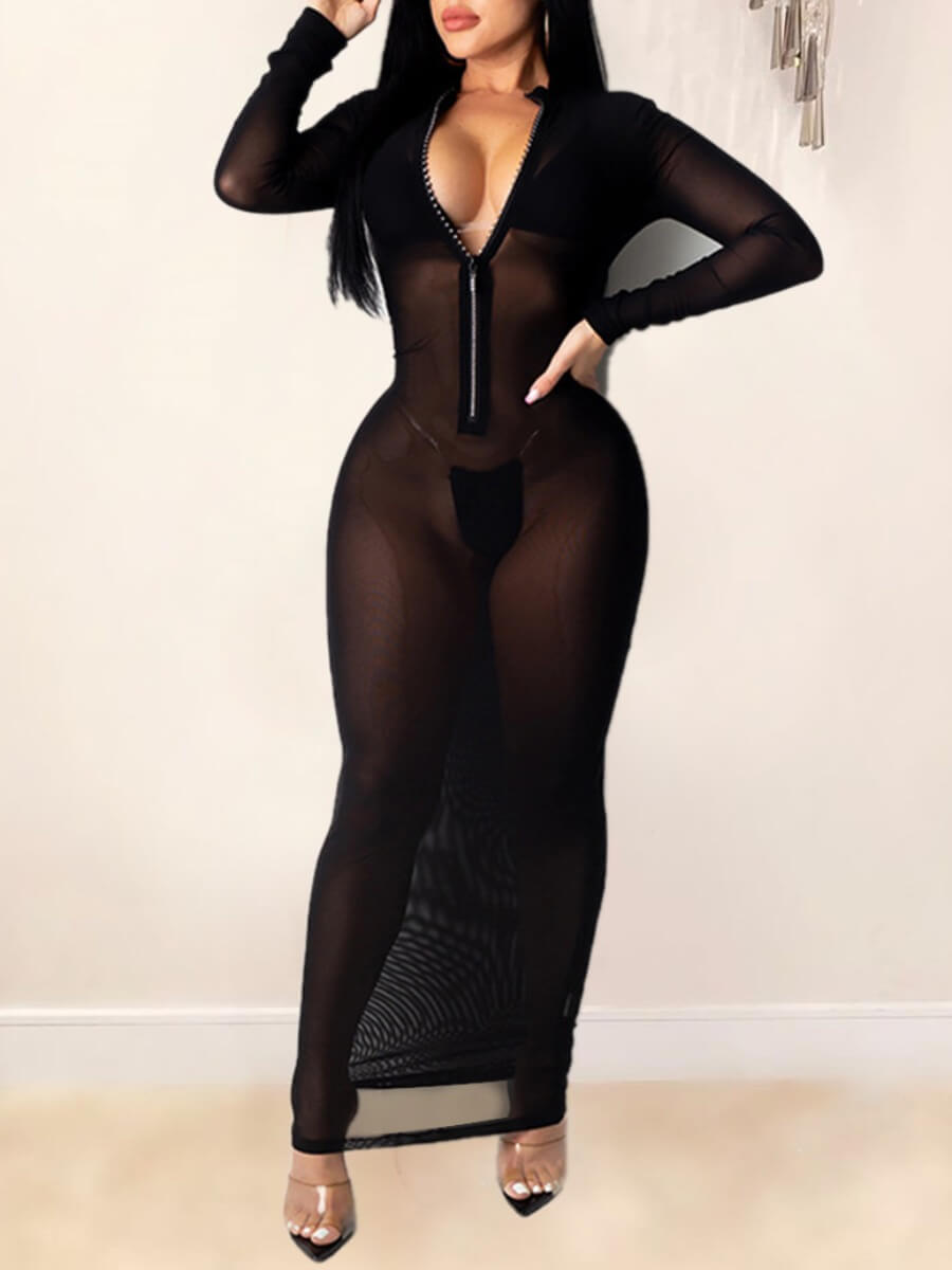 

Lovely Sexy Zipper Design See-through Black Ankle Length Dress