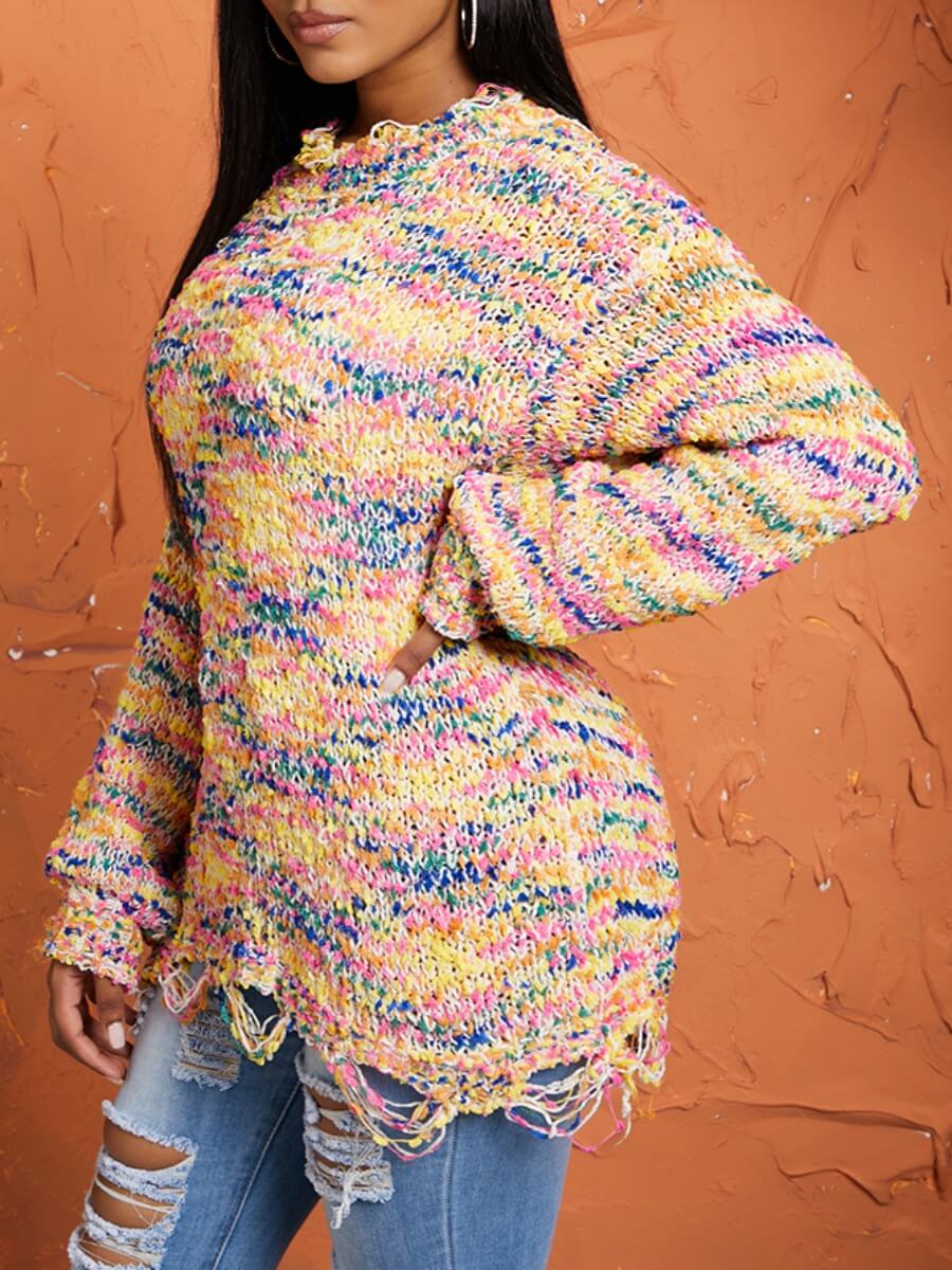 

Lovely Stylish O Neck Broken Holes Multicolor Sweater, Multi