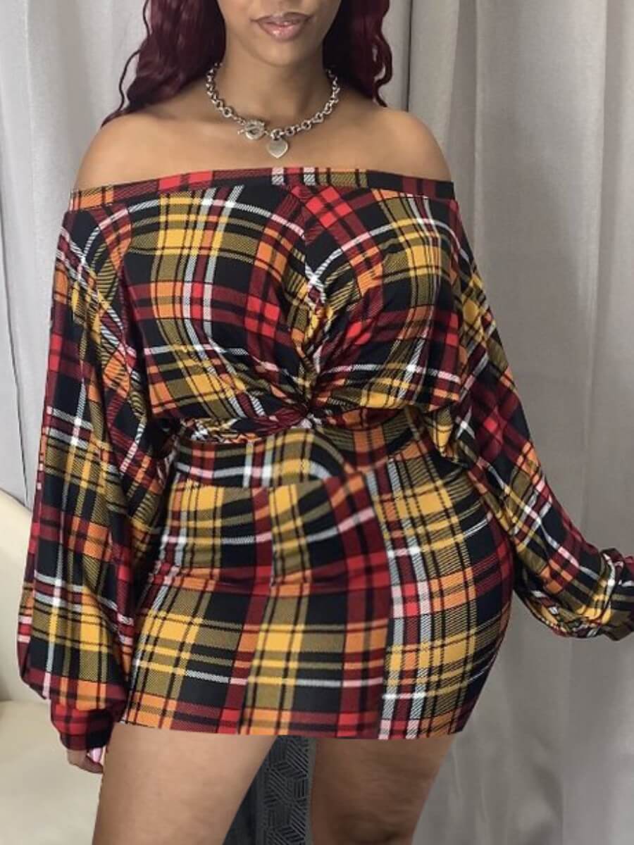 

Lovely Casual Dew Shoulder Grid Print Yellow Mini Dress