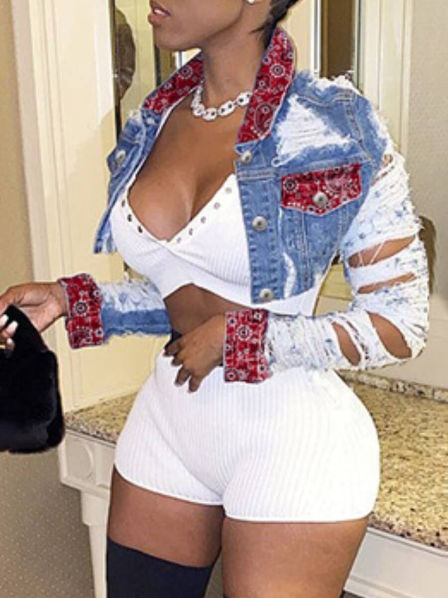

Lovely Street Turndown Collar Patchwork Blue Denim Jacket