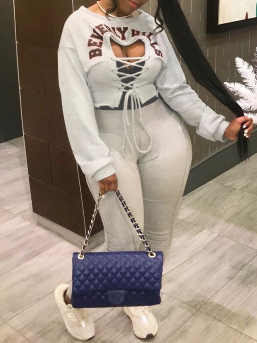 

Lovely Sportswear O Neck Letter Print Bandage Design Grey Plus Size Two-piece Pants Set