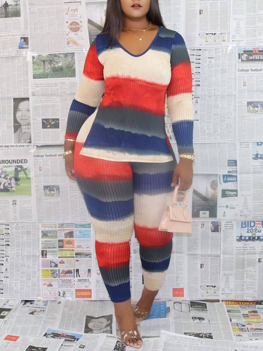 

Lovely Casual V Neck Tie-dye Red Plus Size Two-piece Pants Set