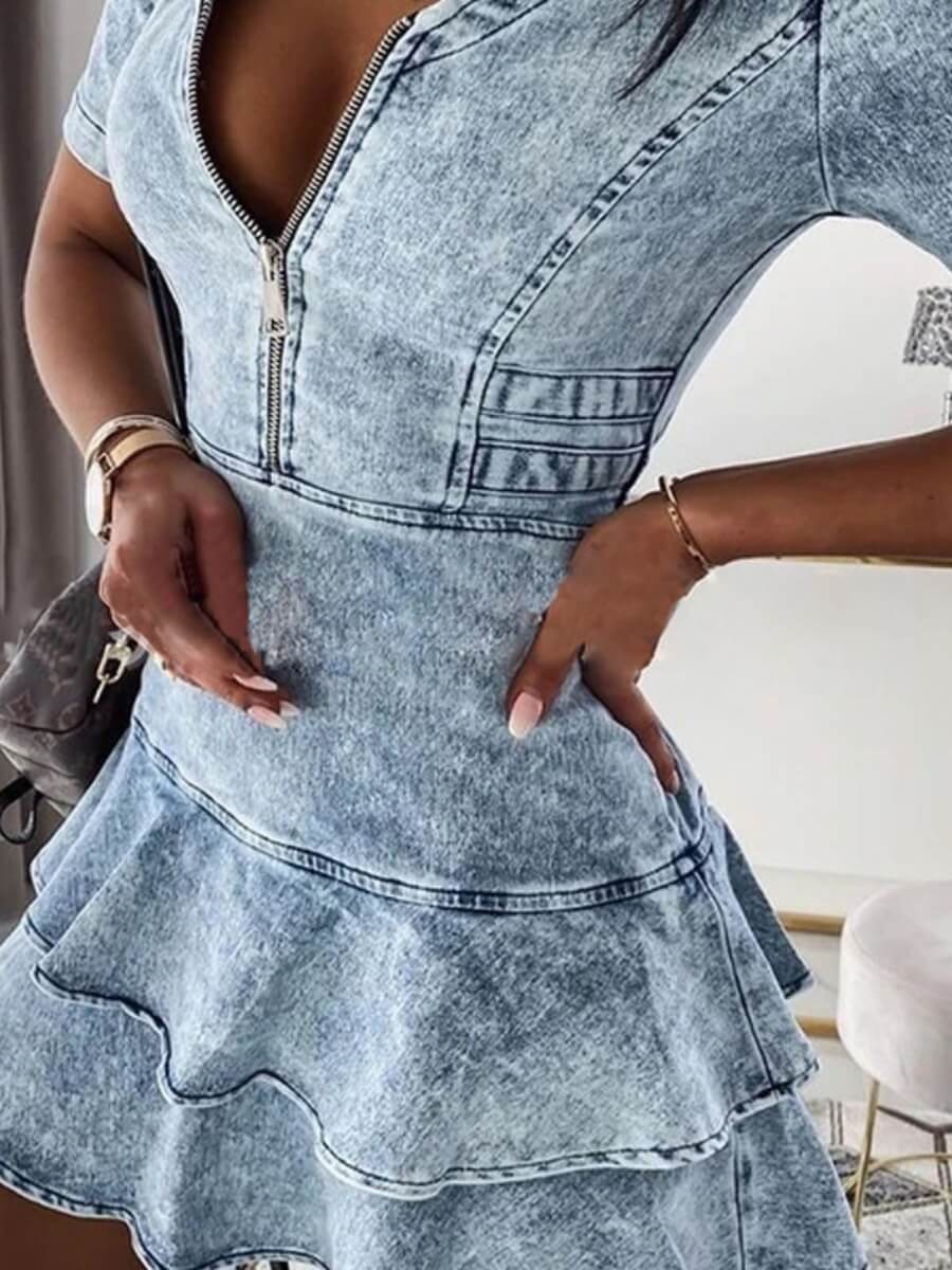 

Lovely Casual Flounce Design Zipper Design Blue Mini Denim Dress