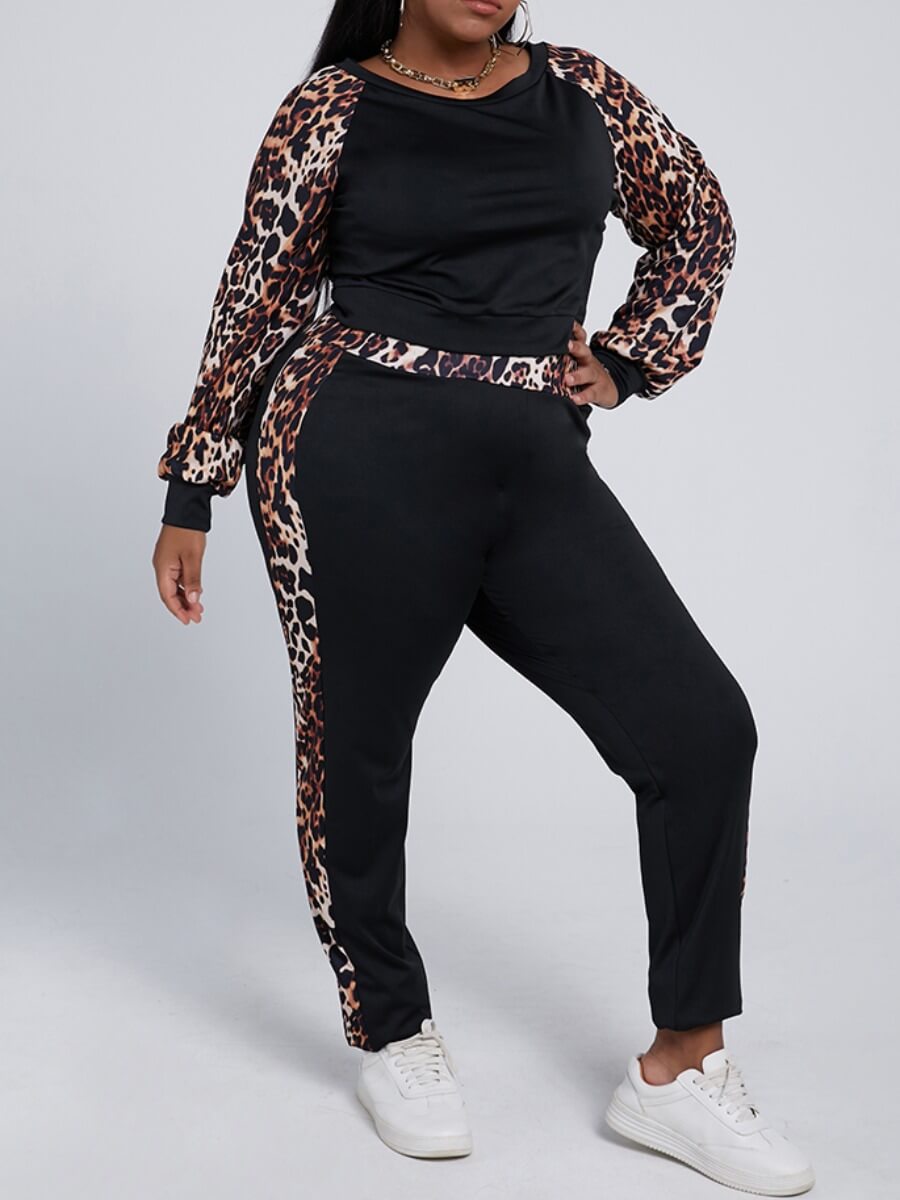 

Lovely Casual Leopard Print Patchwork Black Plus Size Two-piece Pants Set