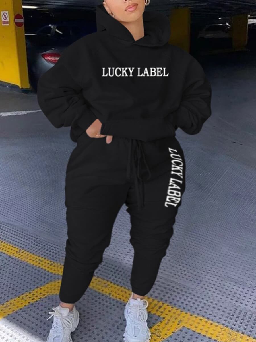

Lovely Casual Hooded Collar Letter Print Black Plus Size Two-piece Pants Set
