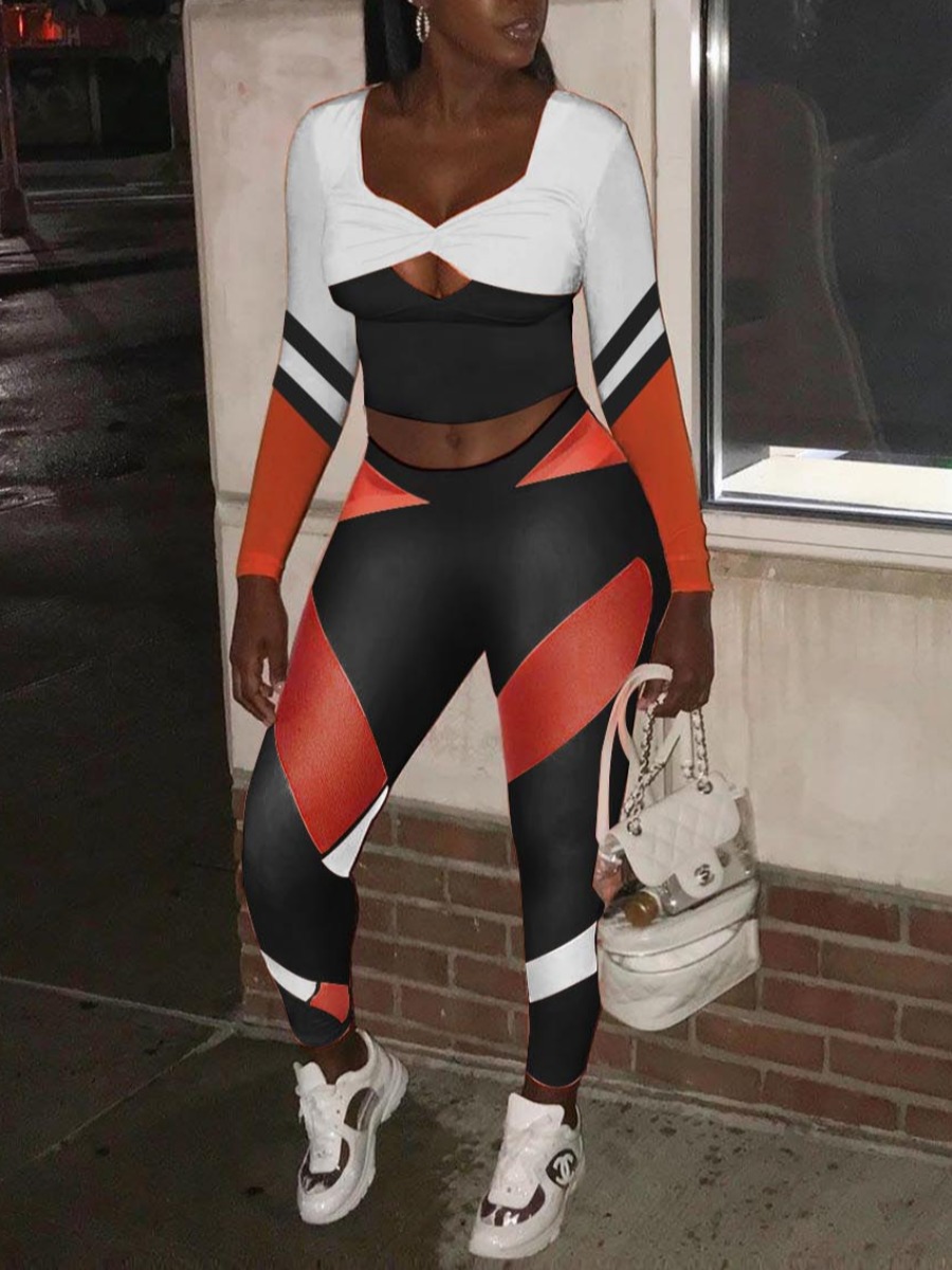 

Lovely Sportswear Patchwork Skinny Red Two Piece Pants Set