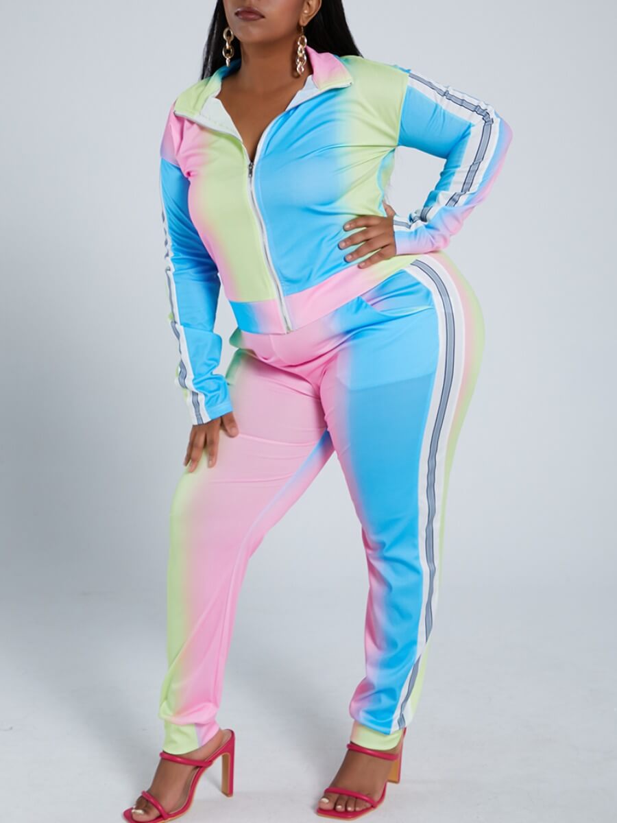 

Lovely Trendy Turndown Collar Gradient Print Pink Plus Size Two-piece Pants Set