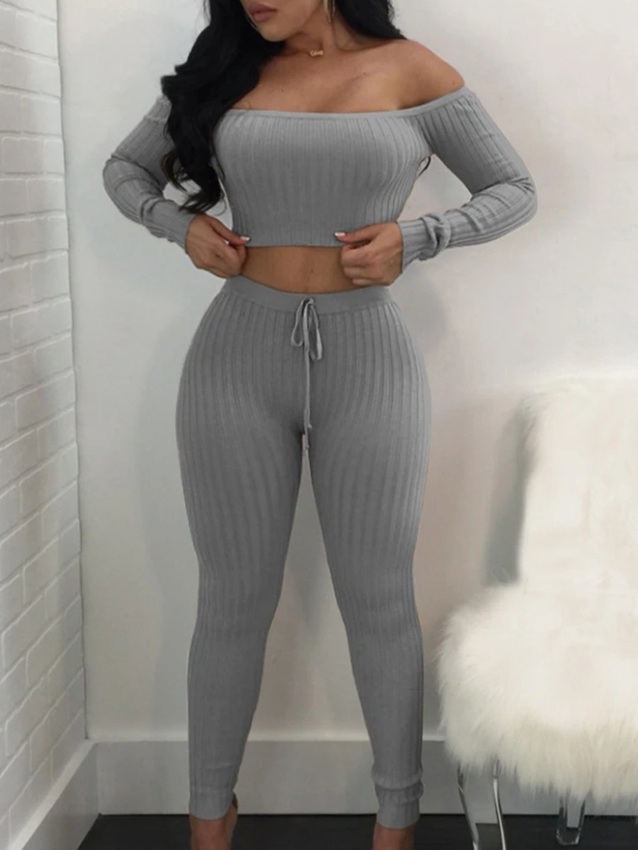 

Lovely Sexy Dew Shoulder Striped Light Grey Two Piece Pants Set