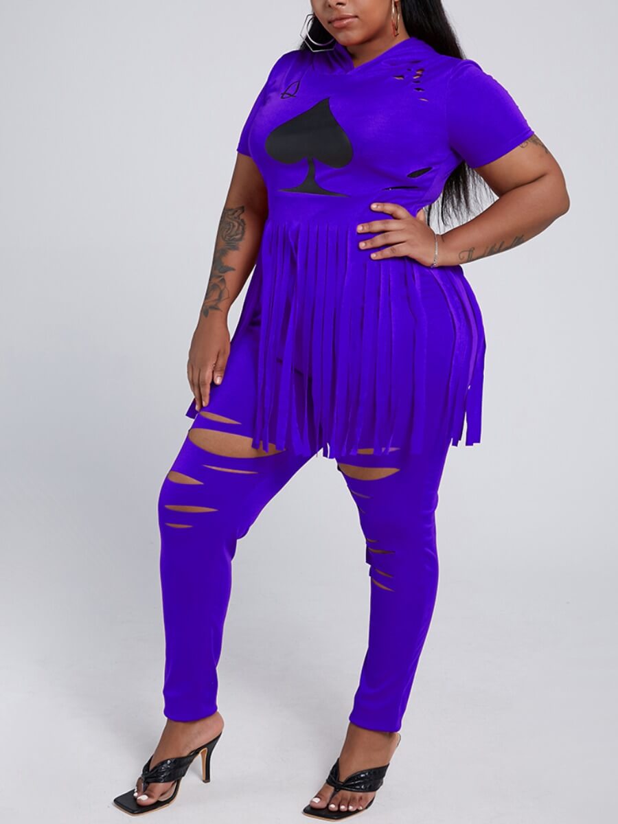 

Lovely Street Hooded Collar Print Tassel Design Blue Plus Size Two-piece Pants Set