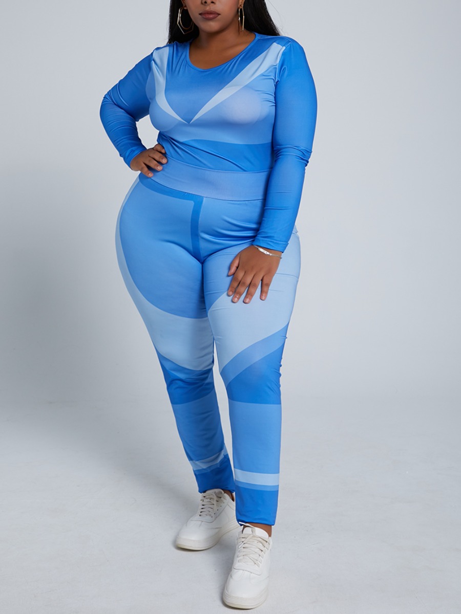 

Lovely Casual O Neck Patchwork Blue Plus Size Two-piece Pants Set