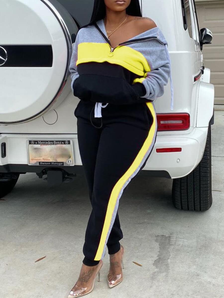 

Lovely Sportswear Patchwork Zipper Design Yellow Plus Size Two-piece Pants Set