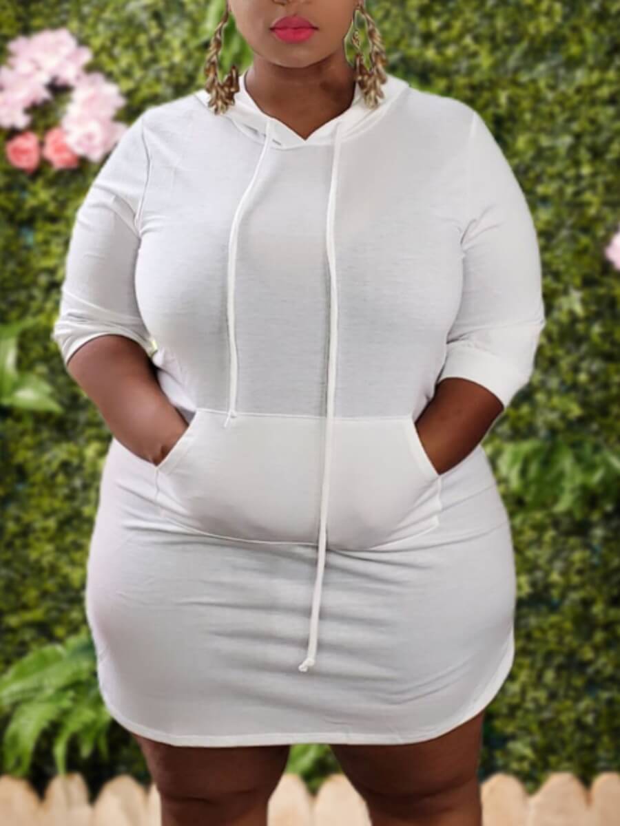 

Lovely Casual Hooded Collar Basic White Mini Plus Size Dress
