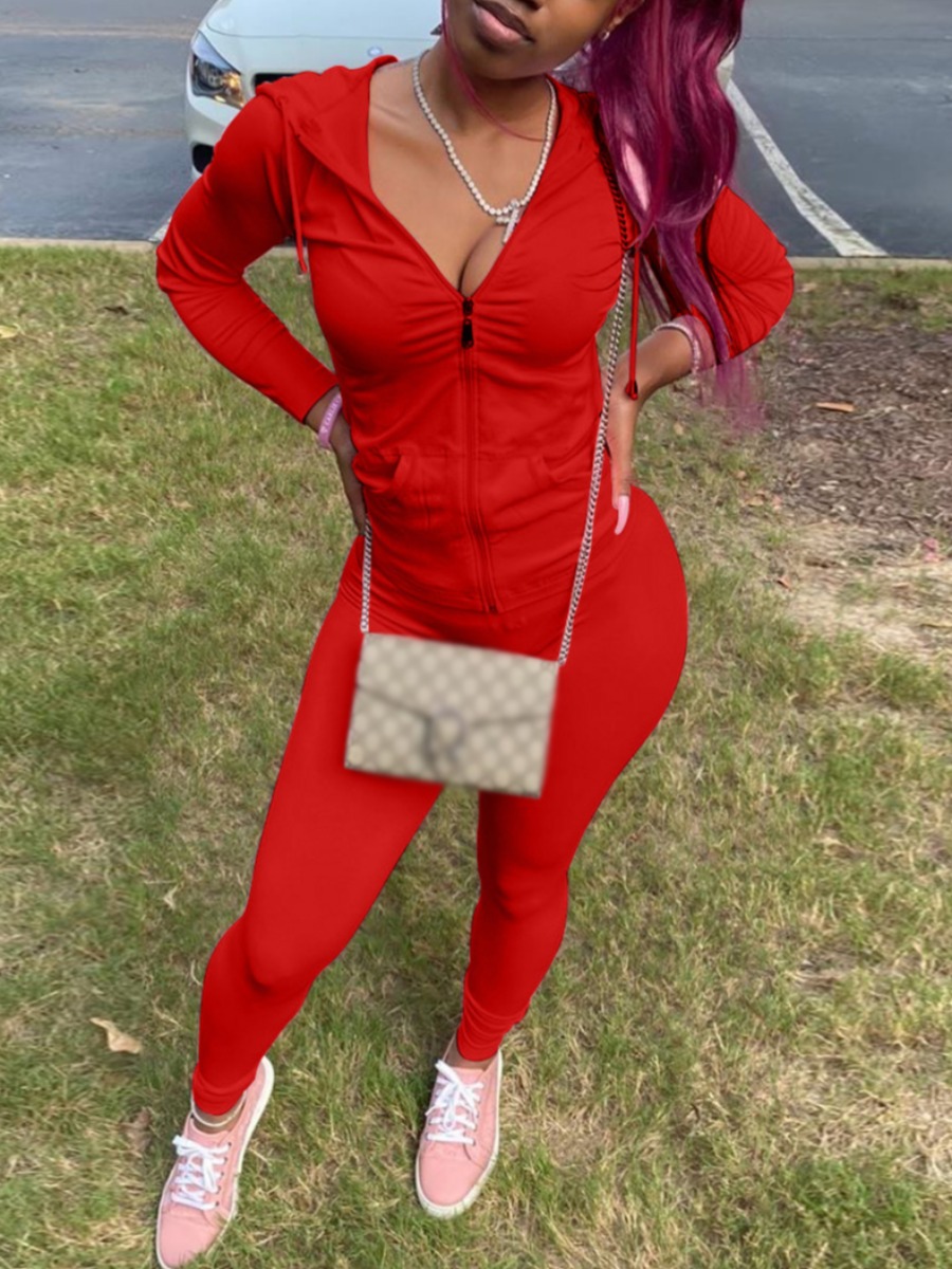 

lovely Casual Hooded Collar Zipper Design Red Two Piece Pants Set