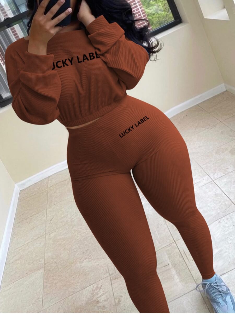 

Lovely Leisure O Neck Letter Print Coffee Two Piece Pants Set