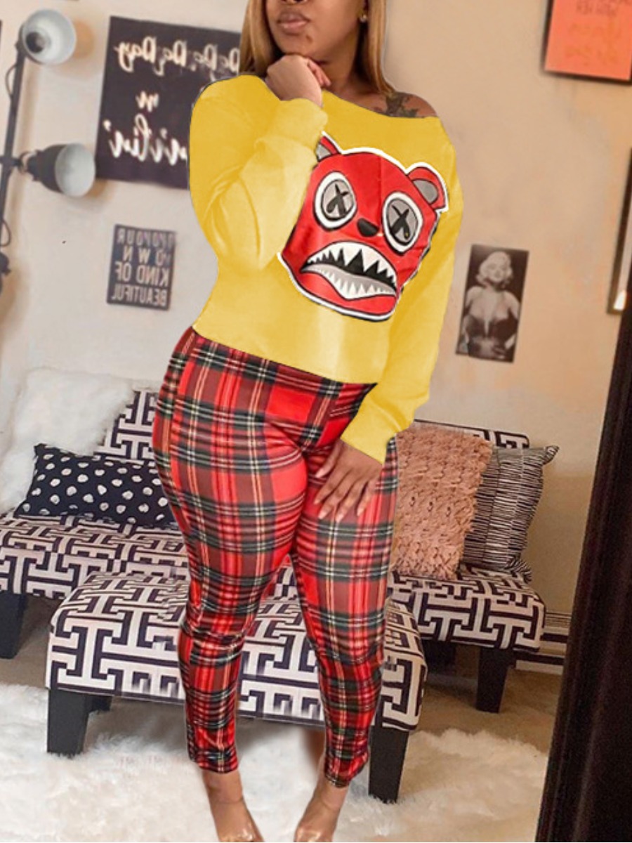 

lovely Casual O Neck Cartoon Print Yellow Two Piece Pants Set
