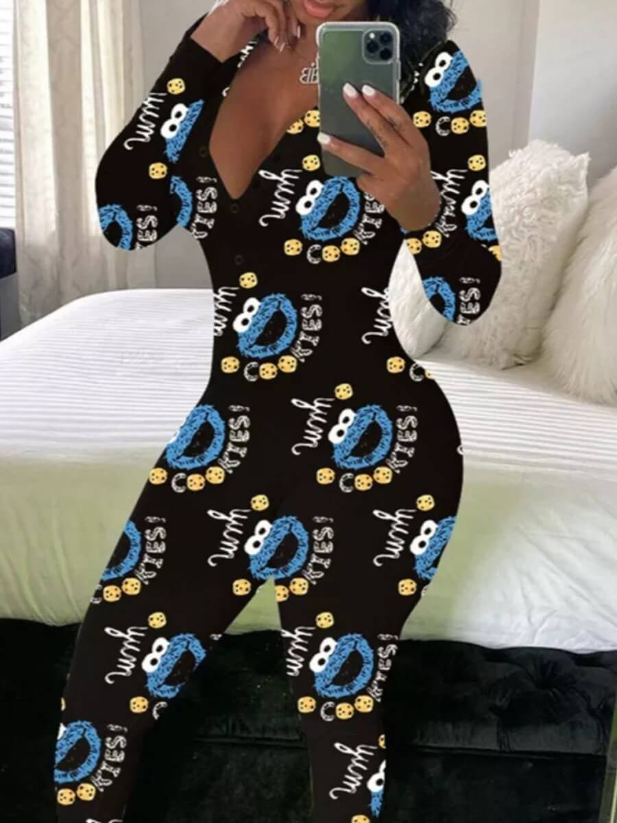 

Lovely Leisure V Neck Eye Print Blue Sleepwear