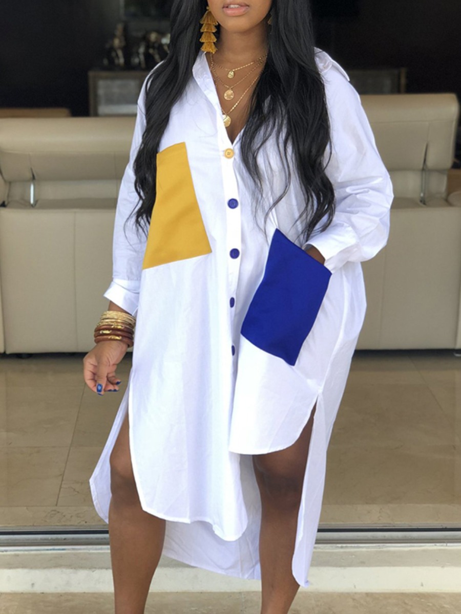 

Lovely Casual Turndown Collar Pocket Patched White Shirt Coat