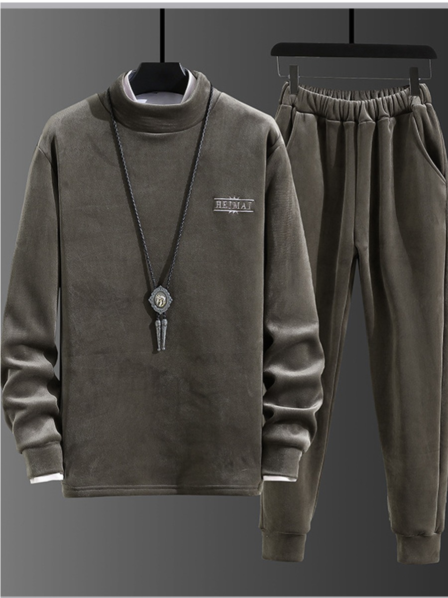 

lovely Casual Half A Turtleneck Print Grey Men Two Piece Pants Set