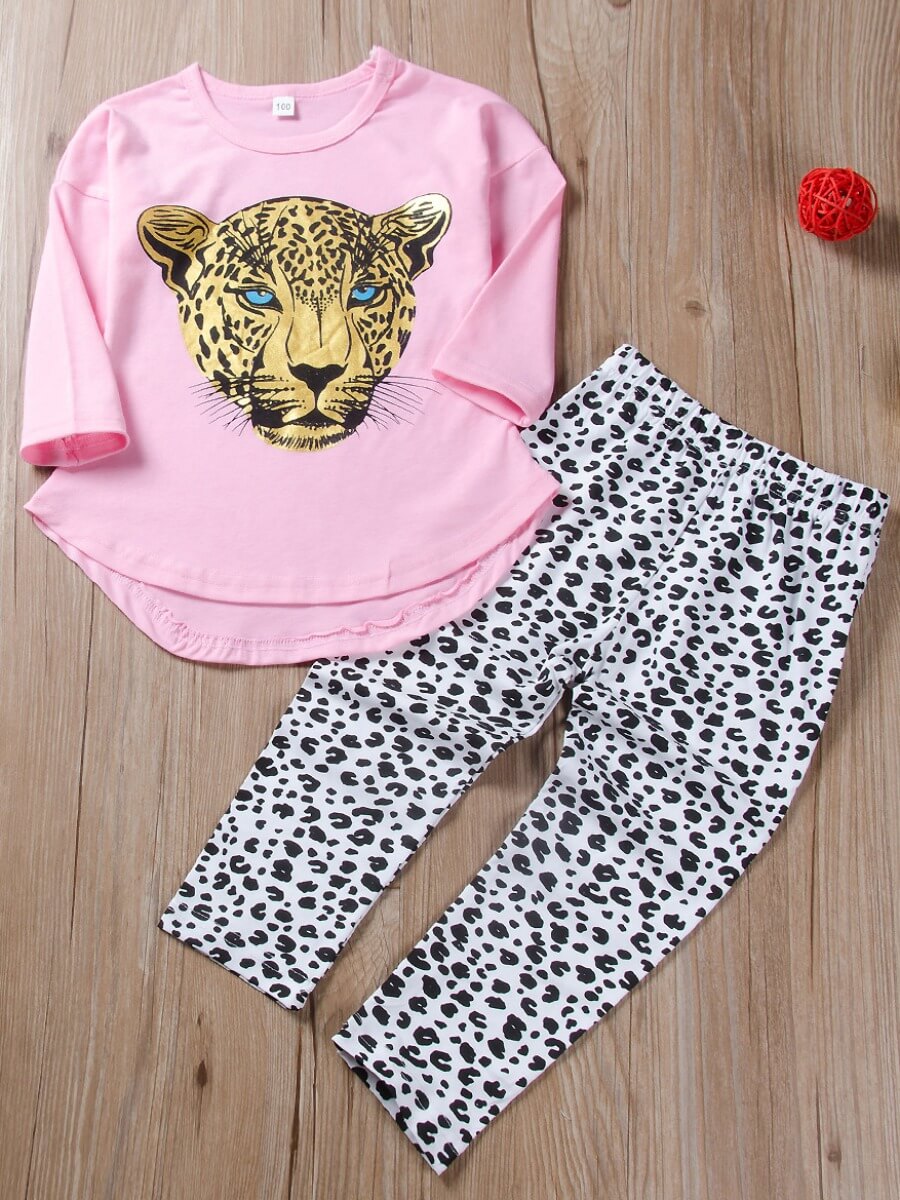 

Lovely Casual O Neck Print Pink Girl Two-piece Pants Set