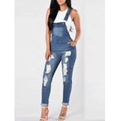 Lovely Trendy Broken Holes Navy Blue Denim One-pie
