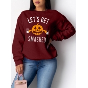 lovely Casual O Neck Print Wine Red Hoodie