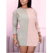 lovely Casual O Neck Patchwork Grey Mini Plus Size