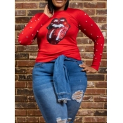 LW Plus Size Casual O Neck Lip Print Red T-shirt