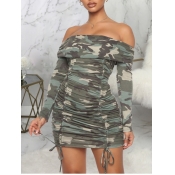 lovely Trendy Dew Shoulder Camo Print Army Green M