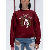 Lovely Casual O Neck Print Wine Red Hoodie