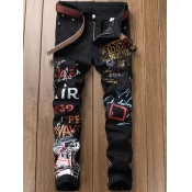 LW Men Stretchy Denim Letter Print Graffiti Skinny