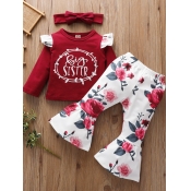 lovely Sweet O Neck Plants Print Red Girl Two-piec