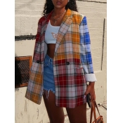 lovely Casual Turn-back Collar Grid Print Patchwor